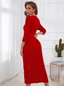 Modelyn Puff Sleeve Split Hem Belted Dress - Red - View 2