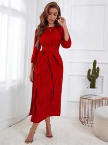 Modelyn Puff Sleeve Split Hem Belted Dress - Red - View 5