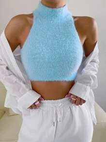 SHEIN Unity Áo dệt kim nữ màu trơn Giải trí - Màu xanh nhạt - Xem 7