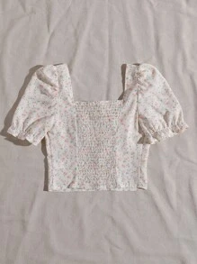 SHEIN WYWH Tie Neck Shirred Back Ditsy Floral Top - White - View 2