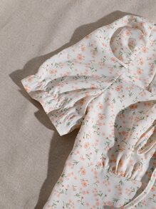 SHEIN WYWH Tie Neck Shirred Back Ditsy Floral Top - White - View 5