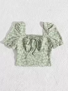 SHEIN SunnyBelle Tie Neck Shirred Back Ditsy Floral Top - Mint Green - View 3