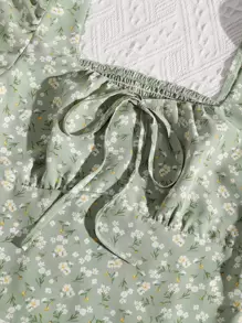 SHEIN SunnyBelle Tie Neck Shirred Back Ditsy Floral Top - Mint Green - View 5