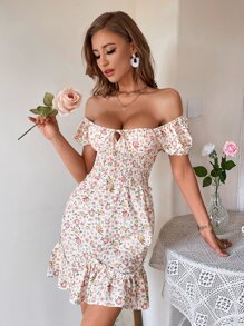 SHEIN Unity Floral Print Knot Front Cut Out Shirred Ruffle Hem Dress - Multicolor - View 6