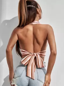 Soleia Striped Tie Back Crop Halter Top - Multicolor - View 2