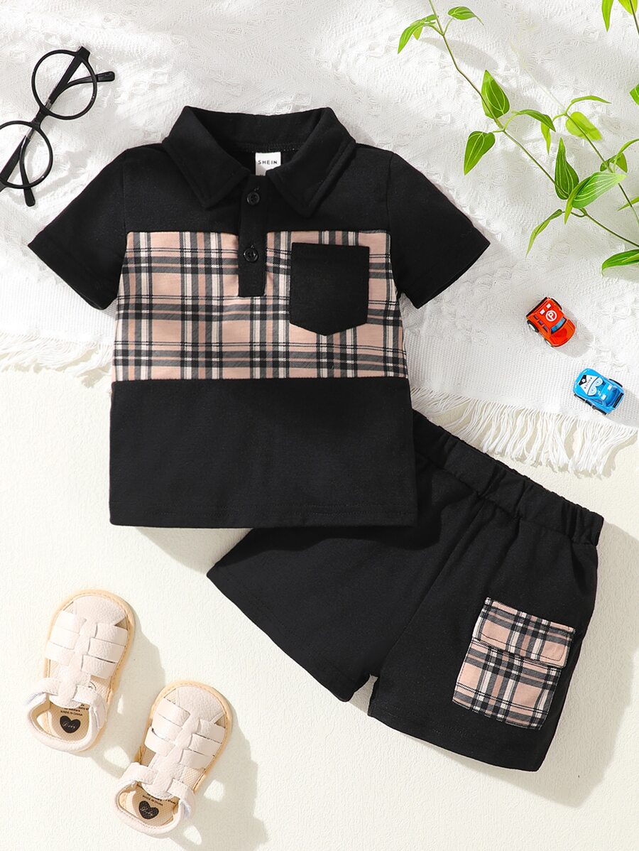 男嬰格紋POLO衫和翻蓋口袋補丁貼短褲 - 黑色 - 查看 1