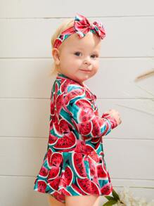 Baby Girl Watermelon Print Zip Front Ruffle Hem One Piece Swimsuit With Headband - Multicolor - View 3