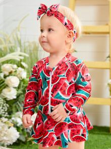 Baby Girl Watermelon Print Zip Front Ruffle Hem One Piece Swimsuit With Headband - Multicolor - View 4
