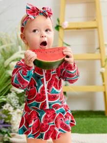 Baby Girl Watermelon Print Zip Front Ruffle Hem One Piece Swimsuit With Headband - Multicolor - View 5