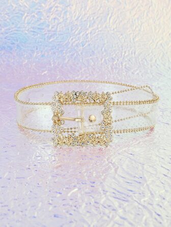 Cinturón transparente con hebilla decorada con rhinestones Y2K y herramienta perforadora para abrigos, vestidos, fiestas, verano, escuela, otoño, Halloween