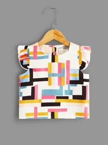 SHEIN Toddler Girls Geo Print Ruffle Sleeve Blouse - Multicolor - View 1