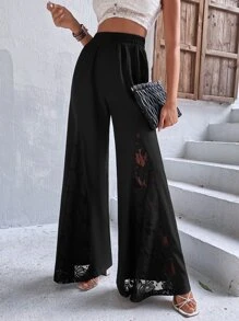 SHEIN Clasi Lace Insert Wide Leg Trousers - Black - View 1
