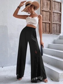 SHEIN Clasi Lace Insert Wide Leg Trousers - Black - View 5