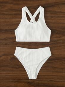 Ribbed Bikini Set Cross Back Tank Top & High Waisted Bottom 2 Piece Bathing Suit - White - View 5