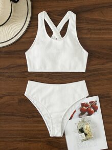 Ribbed Bikini Set Cross Back Tank Top & High Waisted Bottom 2 Piece Bathing Suit - White - View 6