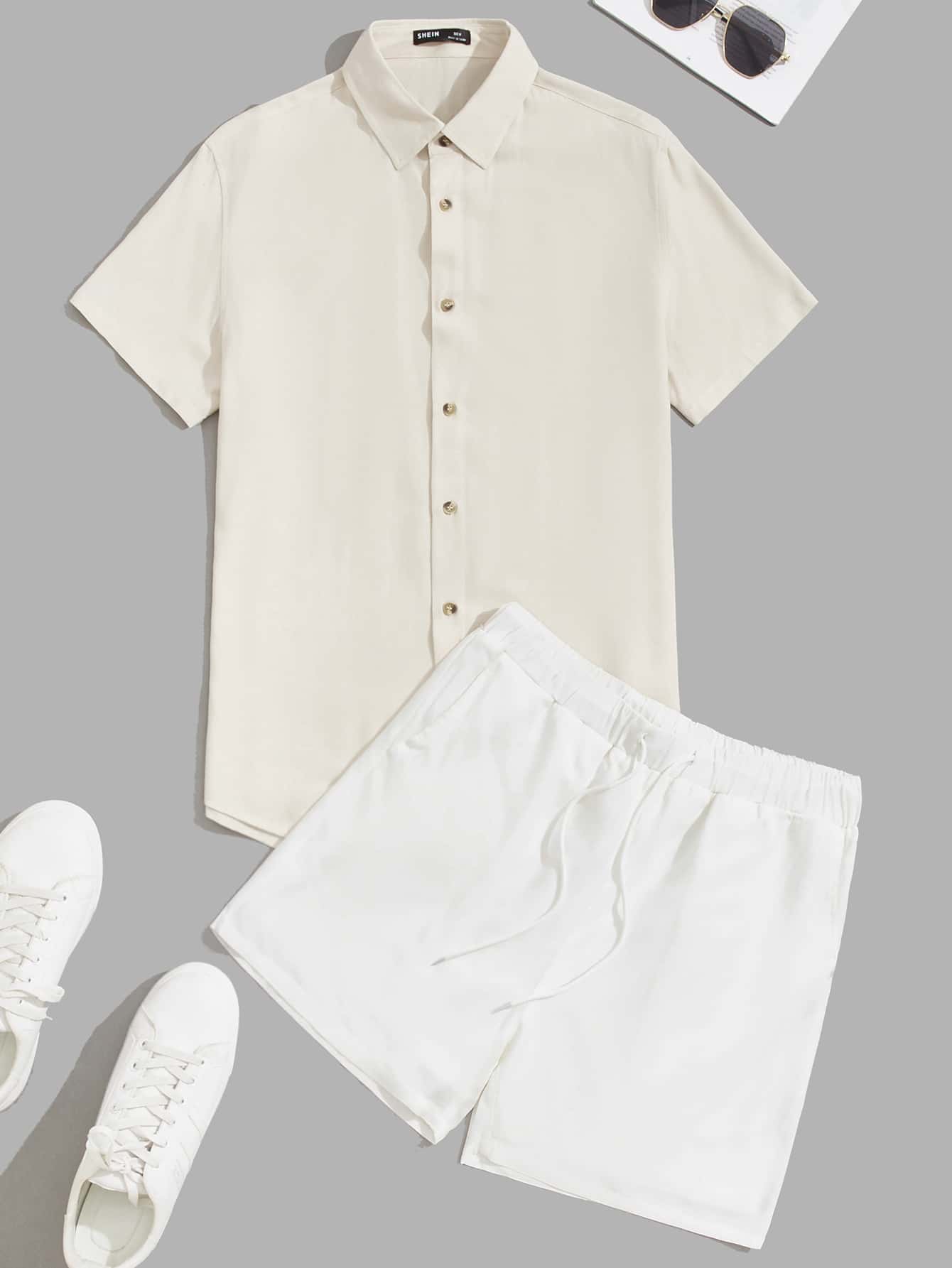 Manfinity Men Solid Shirt & Slant Pockets Shorts - Multicolor - View 1
