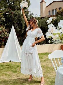 SHEIN Unity Swiss Dot Contrast Embroidery Mesh Scallop Hem Dress - White - View 5