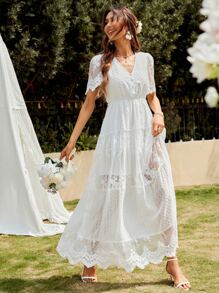 SHEIN Unity Swiss Dot Contrast Embroidery Mesh Scallop Hem Dress - White - View 6