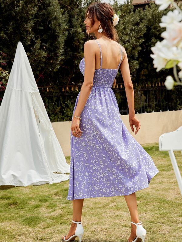 SHEIN Frenchy Robe Dos-nu Avec fente Avec n??ud Buste fronc?� Boh?�me imprim?� floral | Mode en 