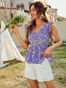 SHEIN Frenchy Ditsy Floral Ruffle Trim Tie Backless Peplum Blouse Summer - Violet Purple - View 4