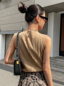 DAZY 女式纯色立领纹理休闲时尚背心夏季 - 卡其色 - 查看 2