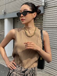 DAZY 女式纯色立领纹理休闲时尚背心夏季 - 卡其色 - 查看 6