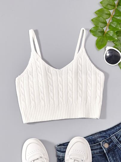 SHEIN Tween Girls' Twist Strap Knitted Tank Top, White Crop Top Tween, White Crop Top Cute 10 Years Old, White Top Girls, Girls Cami Top, Tops For Teen Girls Crop