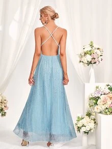 交叉露背高衩吊帶裙伴娘禮服 - 藍色 - 查看 2