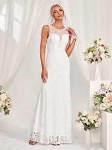 Vestido de novia de malla de espalda V bajo sirena - Blanco - Ver 1