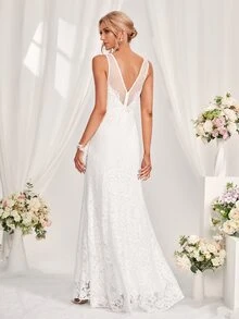 Vestido de novia de malla de espalda V bajo sirena - Blanco - Ver 2