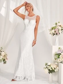 Vestido de novia de malla de espalda V bajo sirena - Blanco - Ver 3