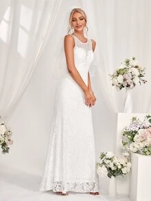 Vestido de novia de malla de espalda V bajo sirena - Blanco - Ver 4