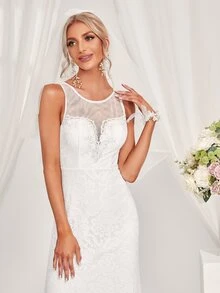 Vestido de novia de malla de espalda V bajo sirena - Blanco - Ver 5