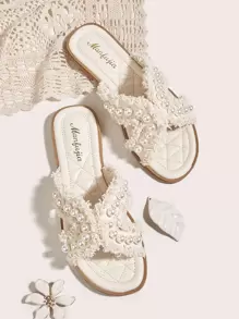 Elegant Outdoors Flat Slippers For Women, Pearl & Fringe Decor Artificial Leather Open Toe Slide Sandals Valentines