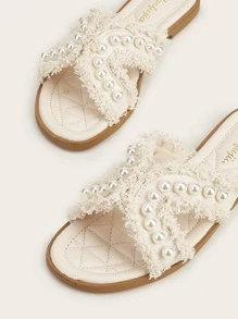Elegant Outdoors Flat Slippers For Women, Pearl & Fringe Decor Artificial Leather Open Toe Slide Sandals Valentines