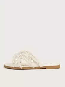 Elegant Outdoors Flat Slippers For Women, Pearl & Fringe Decor Artificial Leather Open Toe Slide Sandals Valentines