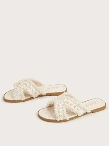 Elegant Outdoors Flat Slippers For Women, Pearl & Fringe Decor Artificial Leather Open Toe Slide Sandals Valentines