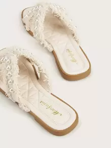 Elegant Outdoors Flat Slippers For Women, Pearl & Fringe Decor Artificial Leather Open Toe Slide Sandals Valentines