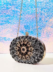 Glamorous Glitter Bling, Sequin, Luxury, Shiny Mini Allover Rhinestone Decor Box Bag Evening Bag, Dinner Bag Faux Pearl, Rhinestone, Flower, Crystal Decor For Party Girl, Woman, Bride Perfect for Party, Wedding, Prom, Dinner/Banquet, For Cocktail - Black - View 7