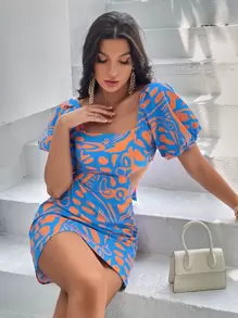 GENKIRA 滿版印花方領泡泡袖後背繫帶連衣裙 - 彩色 - 查看 3