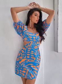 GENKIRA 滿版印花方領泡泡袖後背繫帶連衣裙 - 彩色 - 查看 4