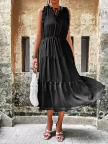 SHEIN Unity Solid Frill Trim Tie Neck Dress - Black - View 1