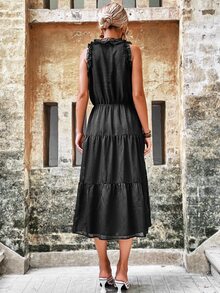 SHEIN Unity Solid Frill Trim Tie Neck Dress - Black - View 2