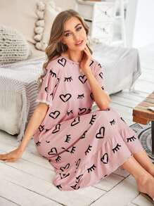 睫毛和愛心圖案蕾絲邊荷葉袖荷葉邊睡裙