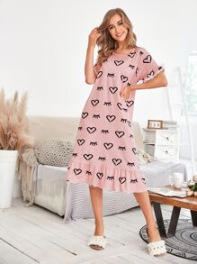 睫毛和愛心圖案蕾絲邊荷葉袖荷葉邊睡裙