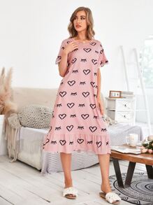 睫毛和愛心圖案蕾絲邊荷葉袖荷葉邊睡裙