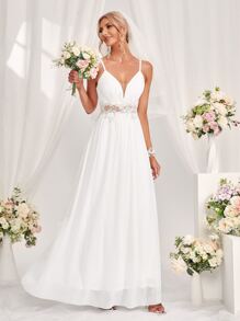 对比色蕾丝拉链后背吊带婚纱白色优雅新娘礼服，新娘礼服，女士生日服装，毕业礼服，正式礼服，全白派对服装女士