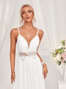 对比色蕾丝拉链后背吊带婚纱白色优雅新娘礼服，新娘礼服，女士生日服装，毕业礼服，正式礼服，全白派对服装女士