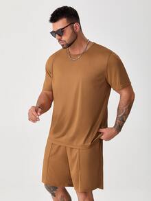 Manfinity Men Plus Solid Tee & Slant Pocket Shorts - Brown - View 4