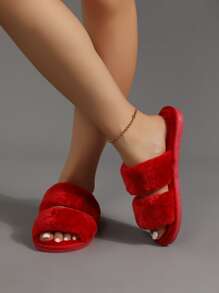 毛茸茸雙帶臥室拖鞋 - 紅色 - 查看 2